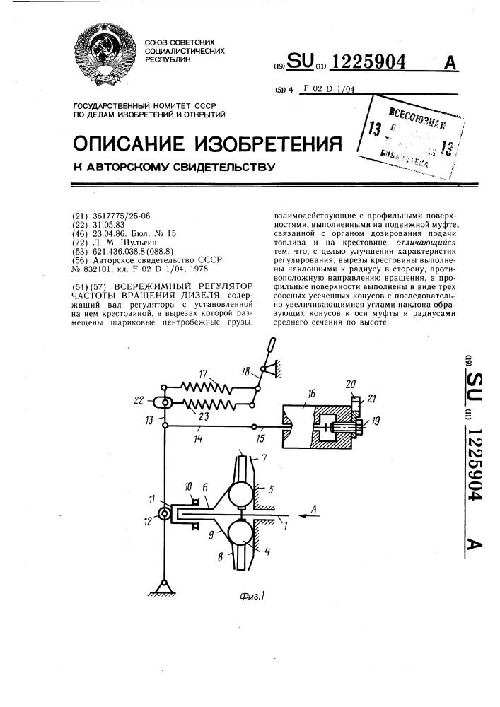 Всережимный регулятор частоты вращения дизеля (патент 1225904)