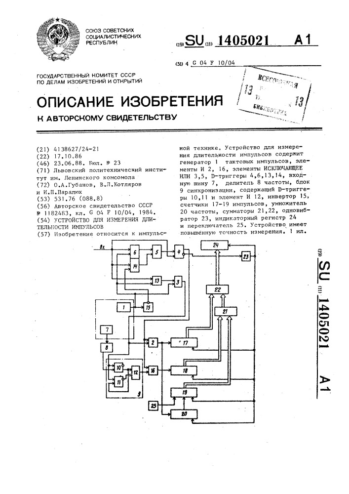 Устройство для измерения длительности импульсов (патент 1405021)