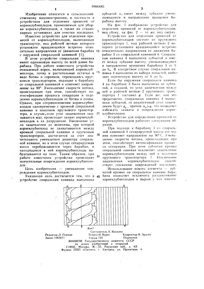 Устройство для отделения примесей от корнеклубнеплодов (патент 1066485)