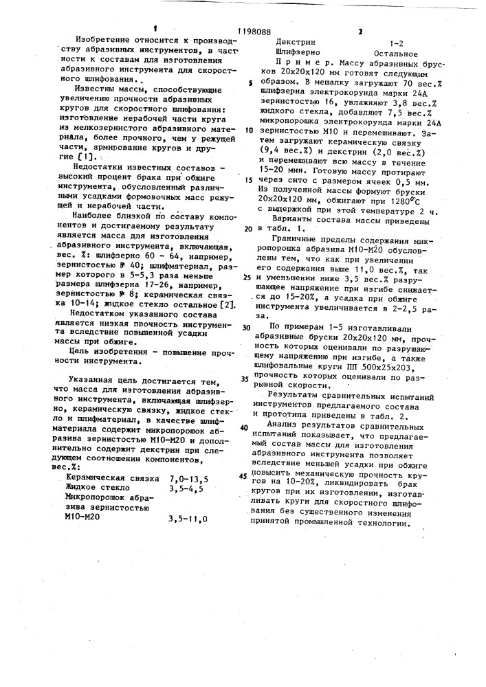 Масса для изготовления абразивного инструмента (патент 1198088)