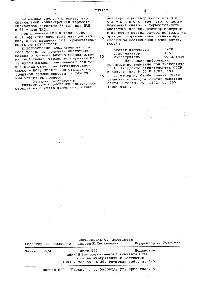 Раствор для формования пленок (патент 732307)