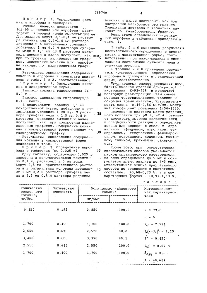 Способ количественного определения кокаина или апрофена (патент 789749)