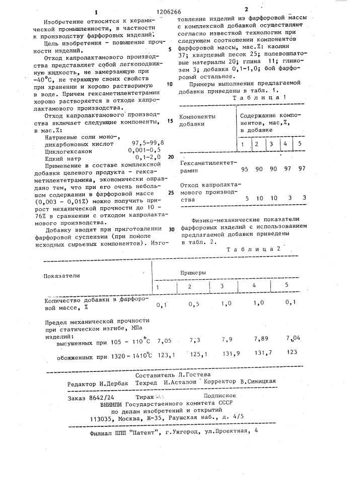 Добавка в массу для изготовления фарфоровых изделий (патент 1206266)