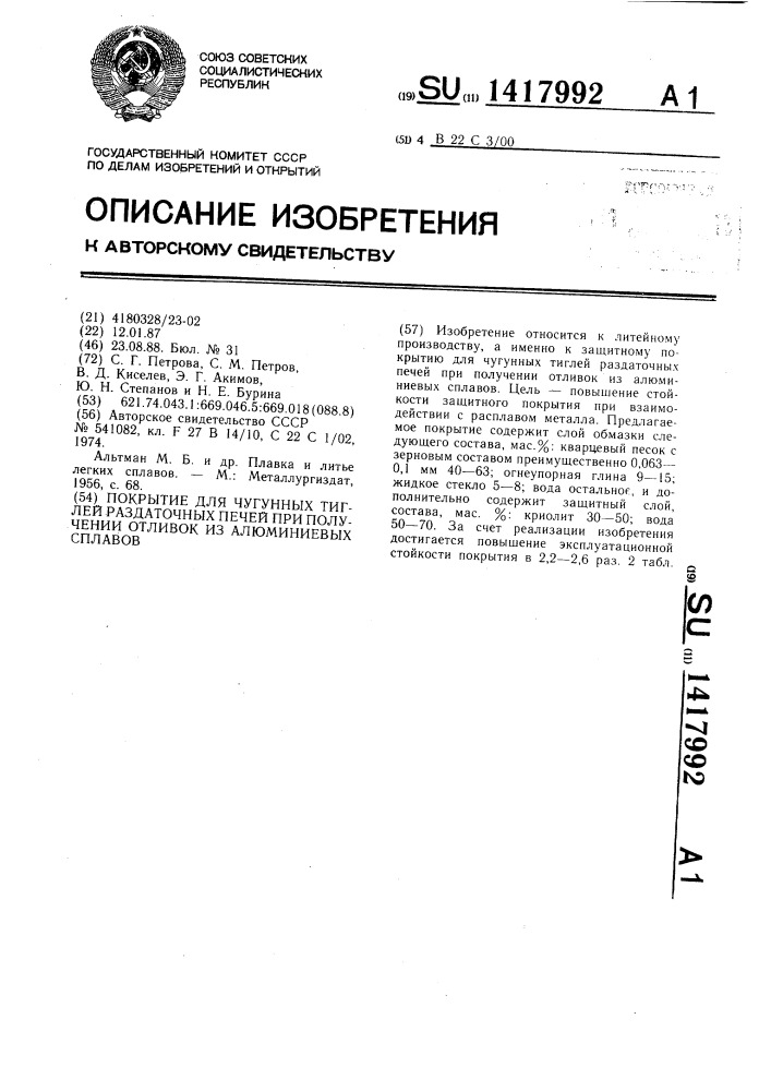 Покрытие для чугунных тиглей раздаточных печей при получении отливок из алюминиевых сплавов (патент 1417992)