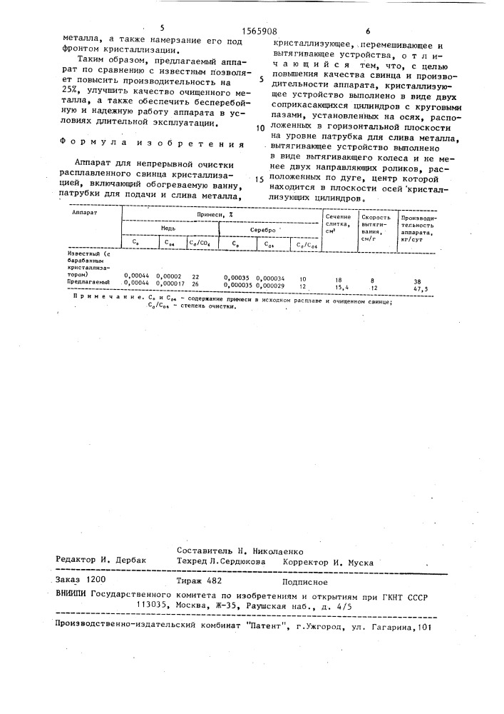 Аппарат для непрерывной очистки расплавленного свинца кристаллизацией (патент 1565908)