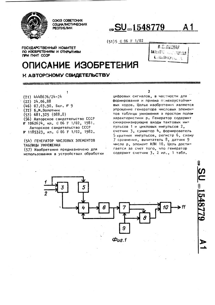 Генератор числовых элементов таблицы умножения (патент 1548779)