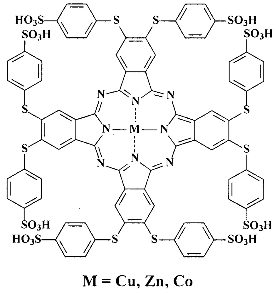 Металлокомплексы окта-4,5-(4-сульфофенилсульфанил)фталоцианина с медью, цинком и кобальтом (патент 2640303)