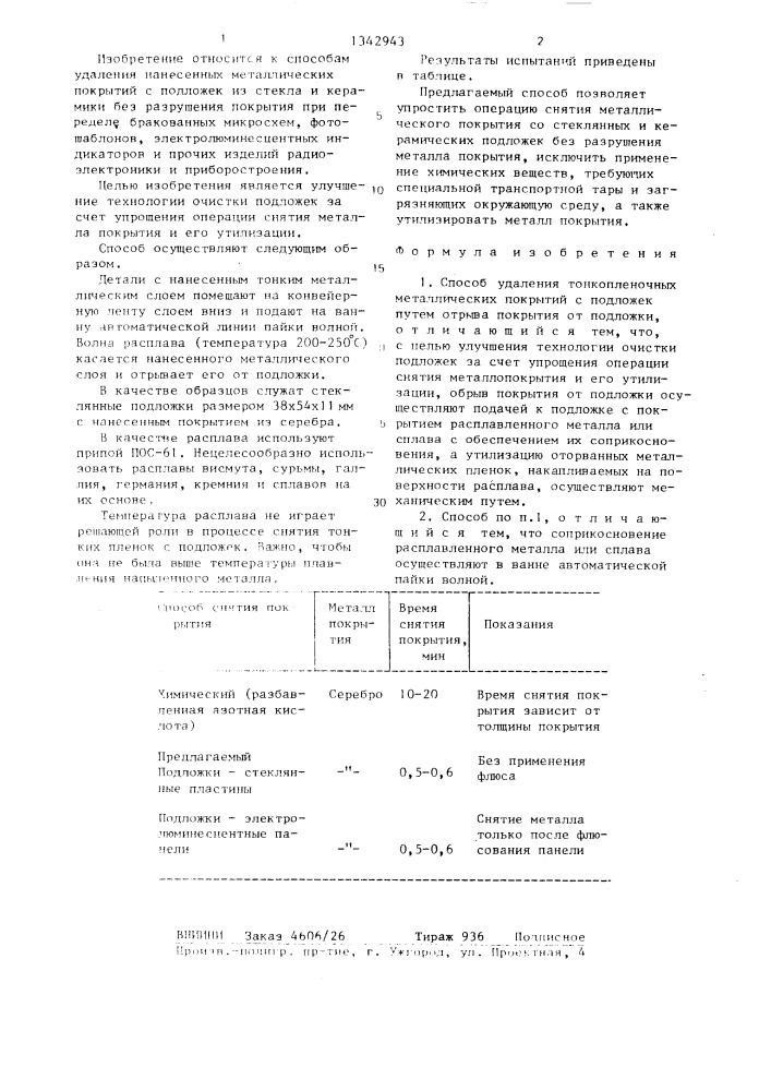 Способ удаления тонкопленочных металлических покрытий с подложек (патент 1342943)