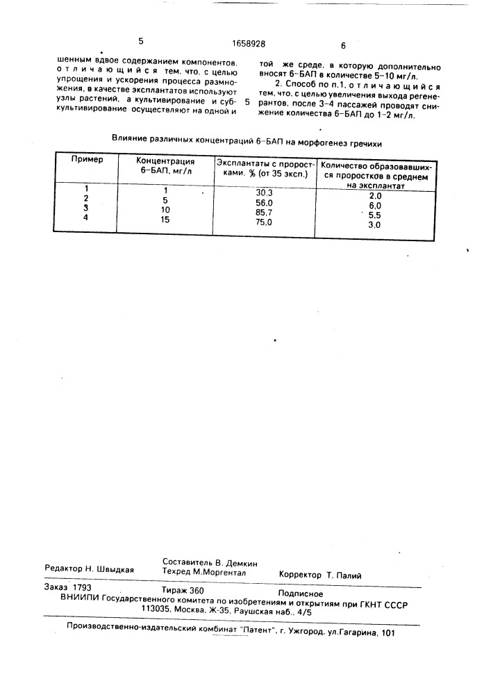 Способ размножения гречихи in viтrо (патент 1658928)