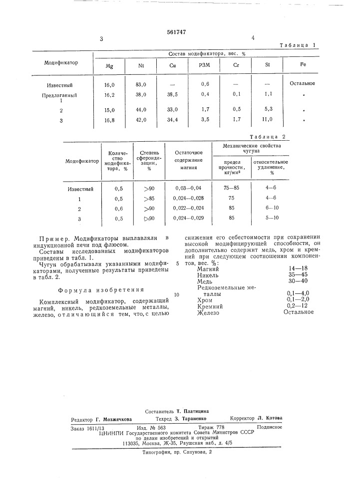 Комплексный модификатор (патент 561747)