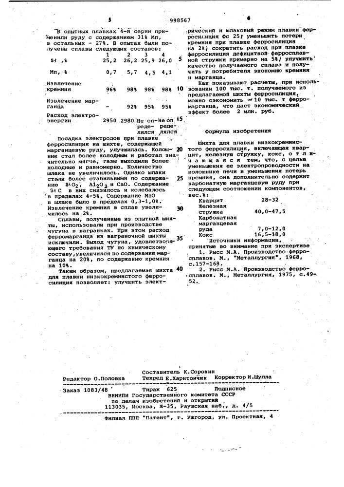 Шихта для плавки низкокремнистого ферросилиция (патент 998567)