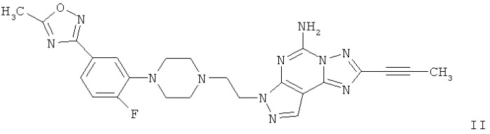 7-[2-[4-(6-фтор-3-метил-1,2-бензизоксазол-5-ил)-1-пиперазинил]этил]-2-(пропинил)-7h-пиразоло-[4,3-e]-[1,2,4]-триазоло-[1,5-c]пиримидин-5-амин (патент 2417997)