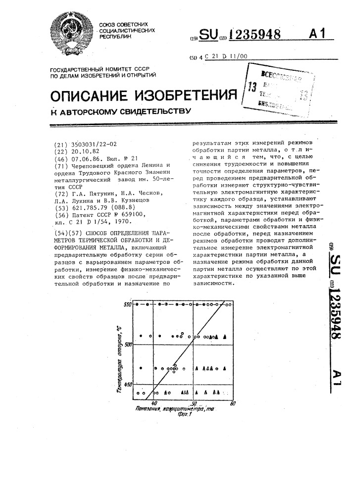 Способ определения параметров термической обработки и деформирования металла (патент 1235948)