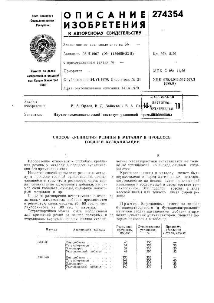 Патептио- в. а. орлов. в. д. зайцева и в. а. глигшев'^ (патент 274354)