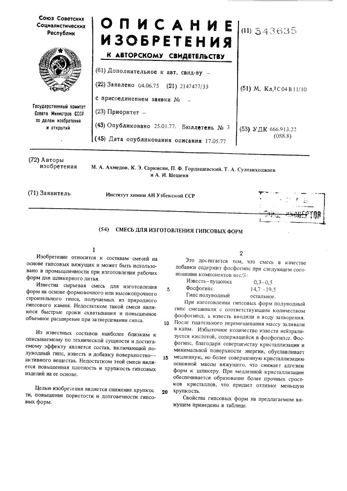 Смесь для изготовления гипсовых форм (патент 543635)