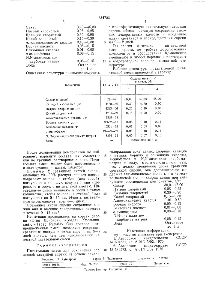 Питательная смесь для сохранения срезанной цветущей сирени витант-3 (патент 634723)