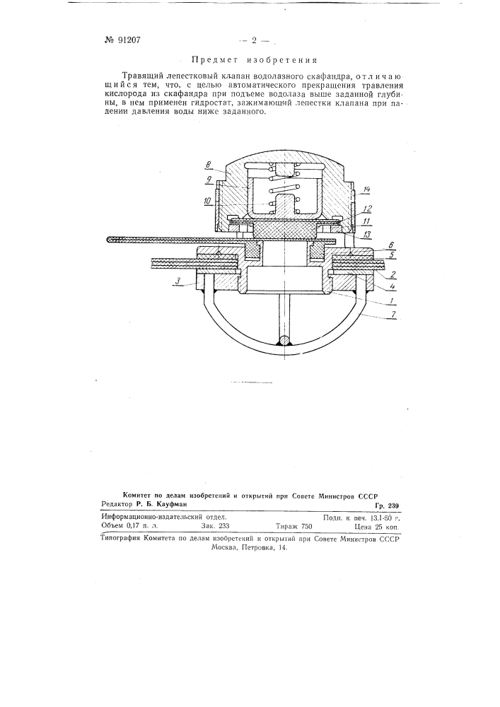 Лепестковый клапан водолазного скафандра (патент 91207)