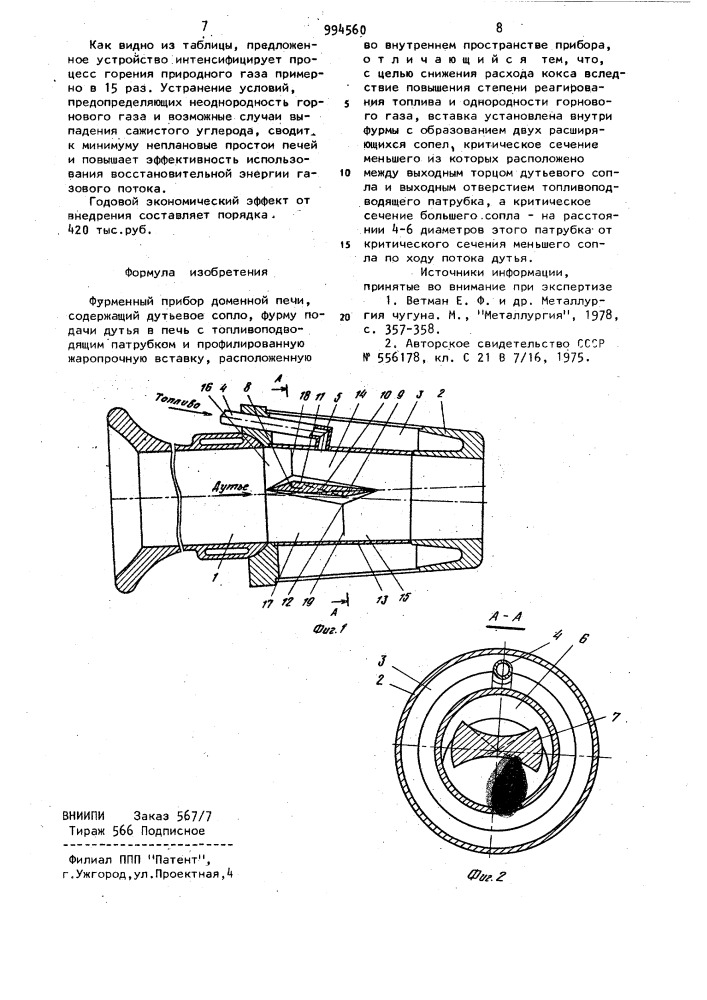 Фурменный прибор доменной печи (патент 994560)