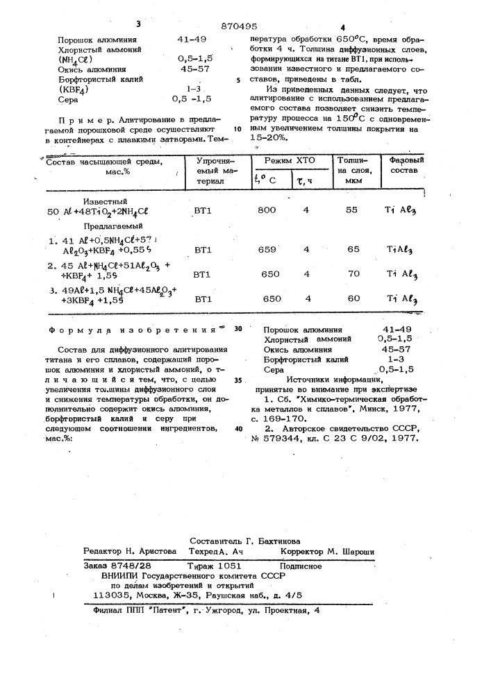 Состав для диффузионного алитирования титана и его сплавов (патент 870495)