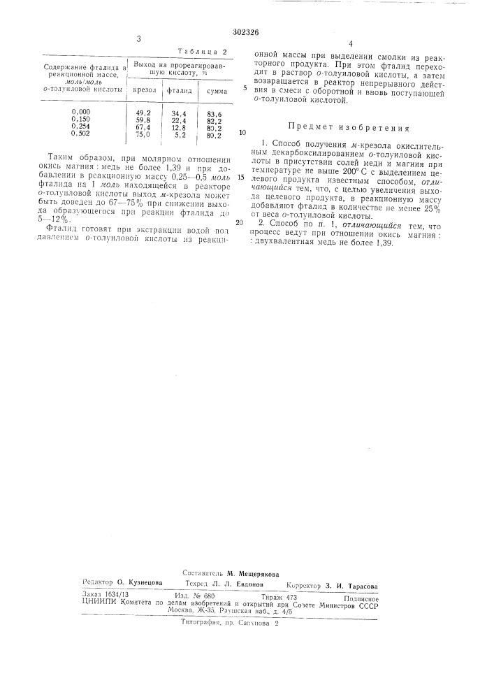 Способ получения м-крезолав.", гт" -'"^"^ "^ -"^ ! ' ': с: s.r' 1-- •—• i--' 1"—• ^- 1 ( '••• v i iпатевтнв--их.;:г-:; : м1ьиблиоте:ка (патент 302326)