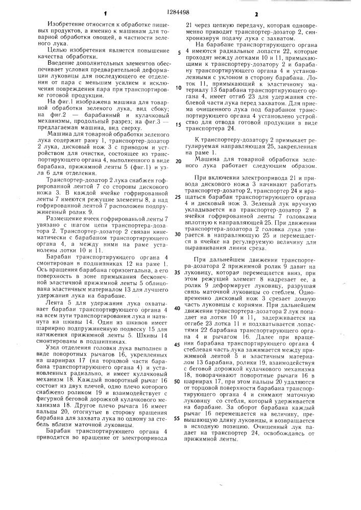 Машина для товарной обработки зеленого лука (патент 1284498)