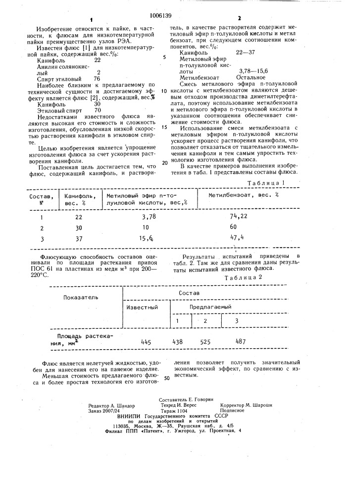 Флюс для низкотемпературной пайки (патент 1006139)