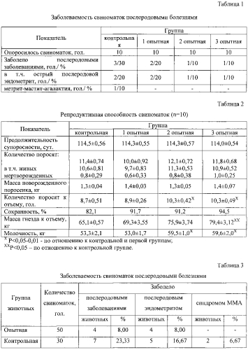 Способ профилактики послеродовых патологий у свиноматок и повышение жизнеспособности поросят (патент 2569419)