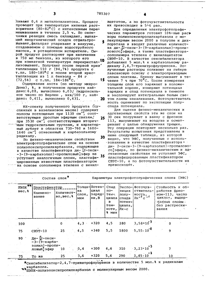 Ди-/2-окси-3-(9-карбазолил)пропиловый/ эфир в качестве пластификатора полиэпоксипропилкарбазола (патент 785307)