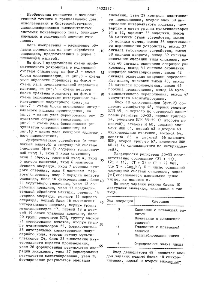 Арифметическое устройство в модулярной системе счисления (патент 1432517)