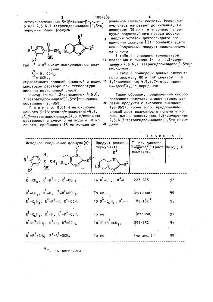 Способ получения 1-или 1,2-замещенных 4,5,6,7- тетрагидроимидазо/4,5-с/пиридинов (патент 1004385)