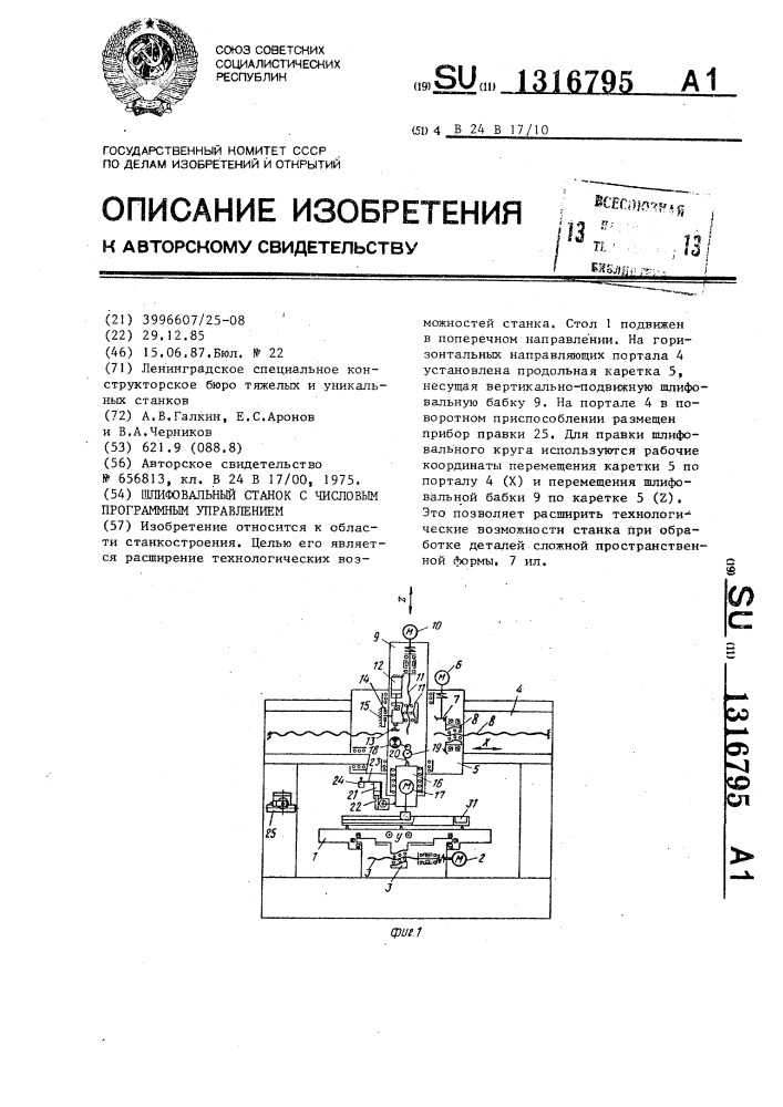 Шлифовальный станок с числовым программным управлением (патент 1316795)