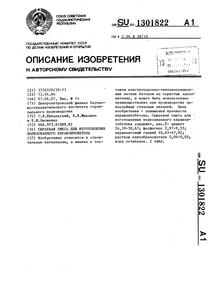 Сырьевая смесь для изготовления поризованного керамзитобетона (патент 1301822)