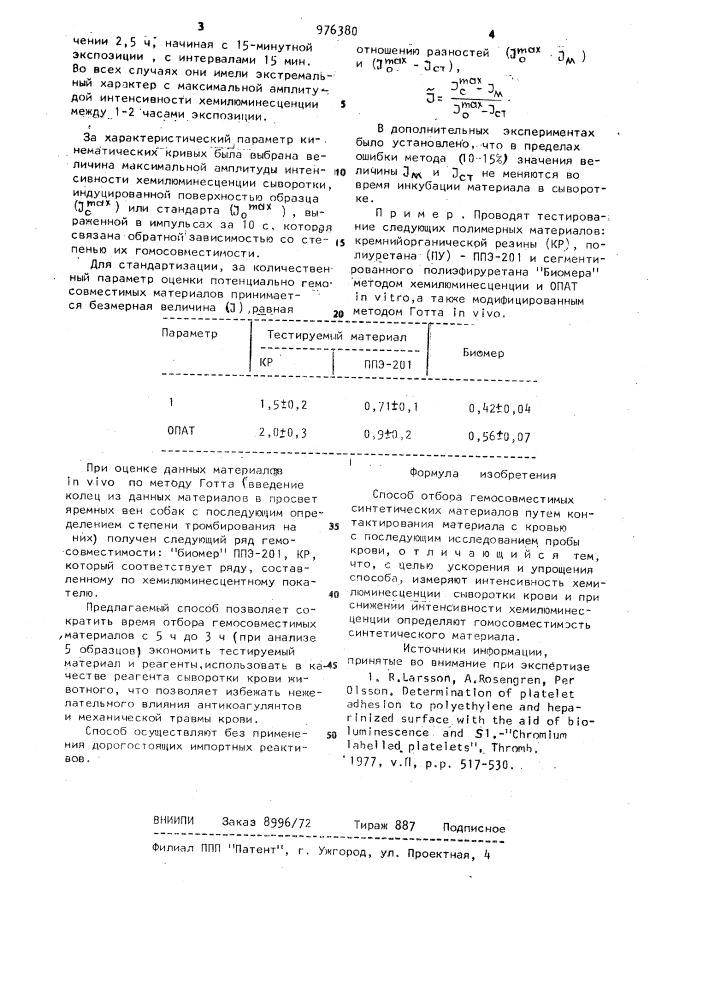 Способ отбора гемосовместимых синтетических материалов (патент 976380)