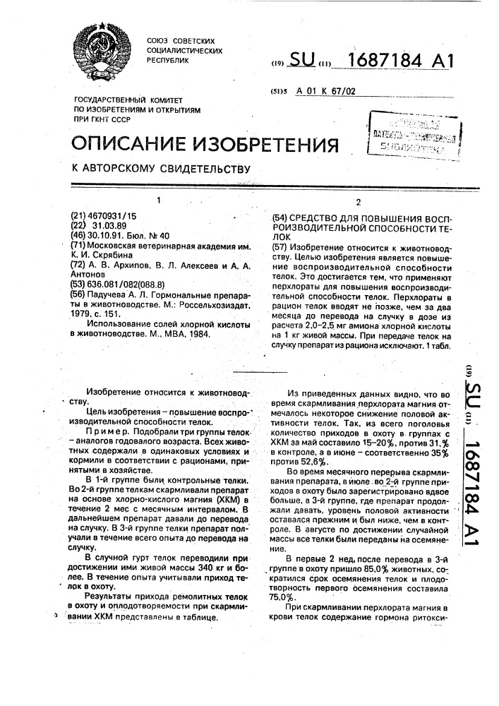 Средство для повышения воспроизводительной способности телок (патент 1687184)