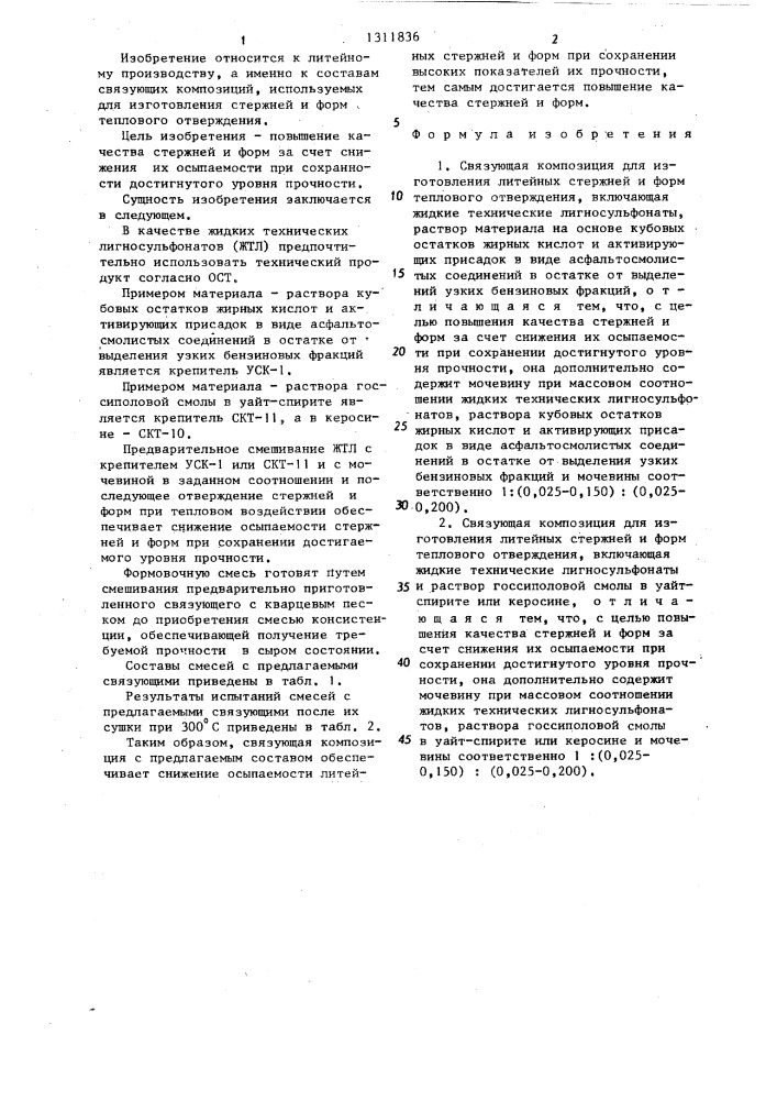 Связующая композиция для изготовления литейных стержней и форм теплового отверждения (ее варианты) (патент 1311836)