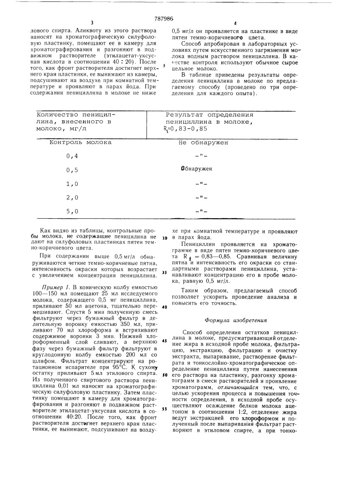 Способ определения остатков пенициллина в молоке (патент 787986)