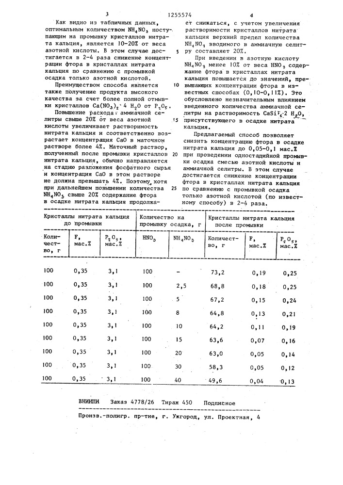 Способ очистки кристаллогидрата нитрата кальция от фтора (патент 1255574)