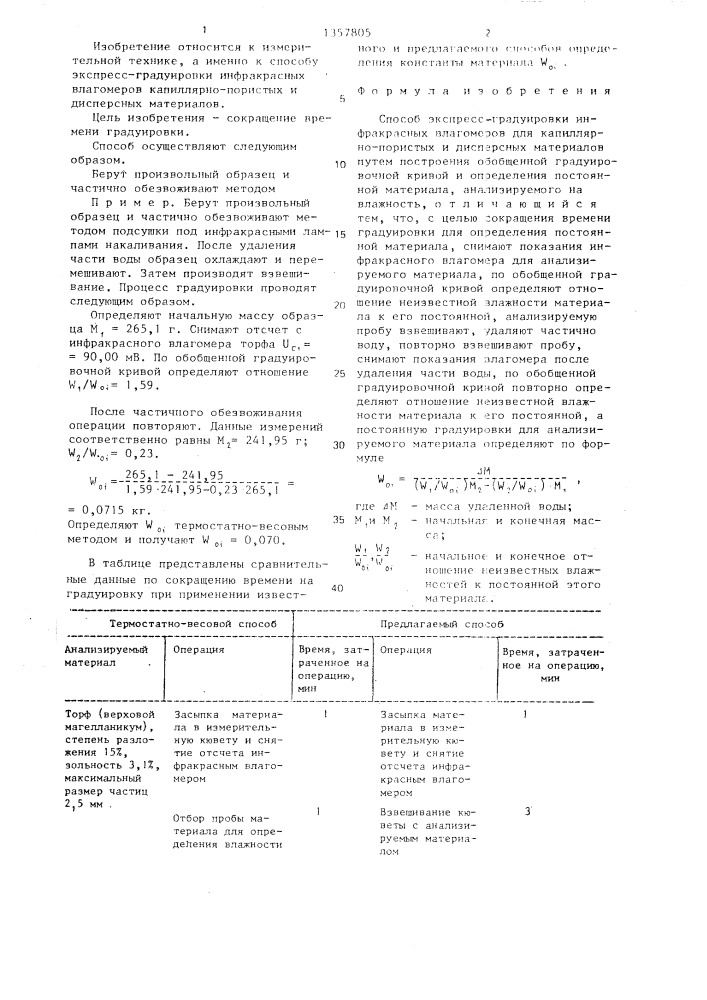 Способ экспресс-градуировки инфракрасных влагомеров для капиллярно-пористых и дисперсных материалов (патент 1357805)