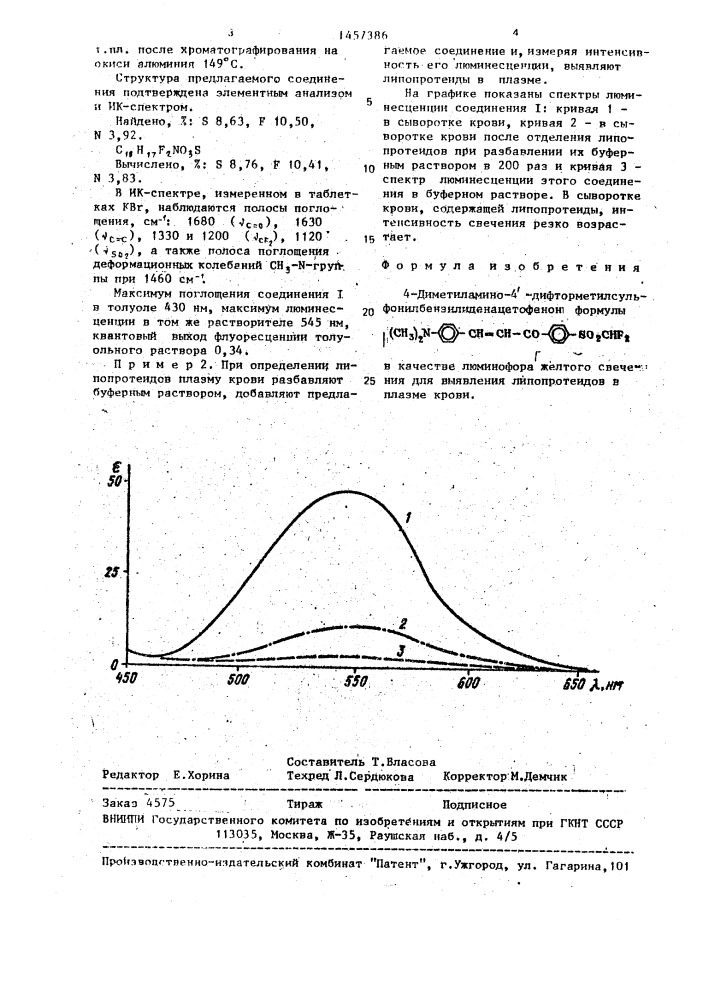 4-диметиламино-4-дифторметилсульфонилбензилиденацетофенон в качестве люминофора желтого свечения для выявления липопротеидов в плазме крови (патент 1457386)