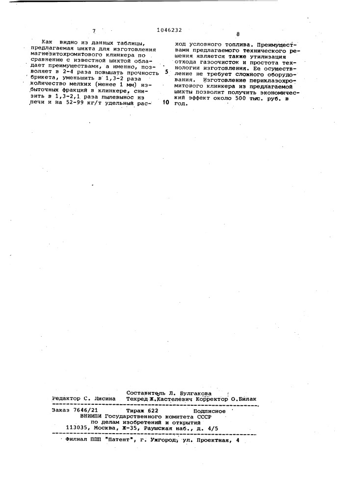 Шихта для изготовления периклазохромитового клинкера (патент 1046232)