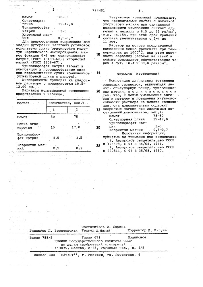 Композиция для кладки футеровки тепловых агрегатов (патент 724481)