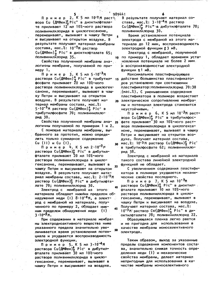 Состав мембраны ионоселективного электрода для определения меди (1) (патент 989441)