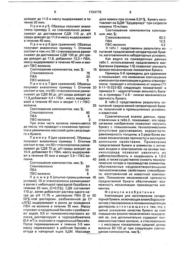 Композиция для изготовления сепараторной бумаги (патент 1724775)