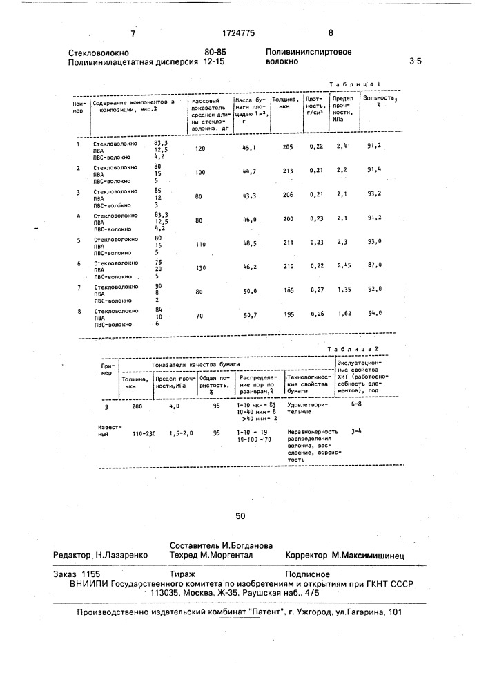 Композиция для изготовления сепараторной бумаги (патент 1724775)