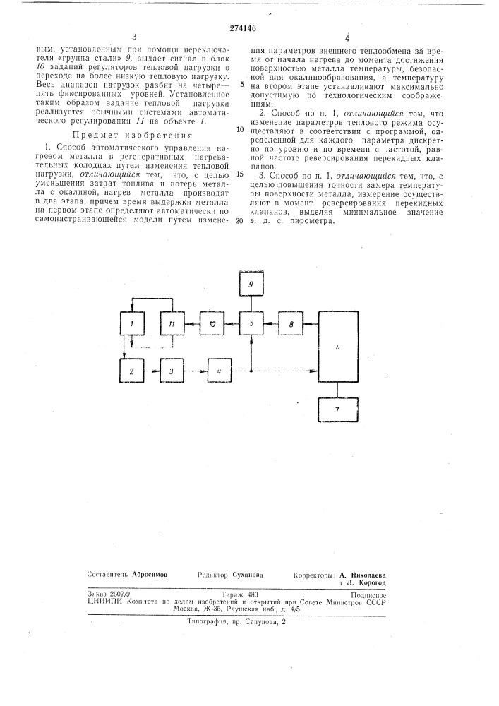 Способ автоматического управления нагревом металла в регенеративных нагревательныхколодцах (патент 274146)