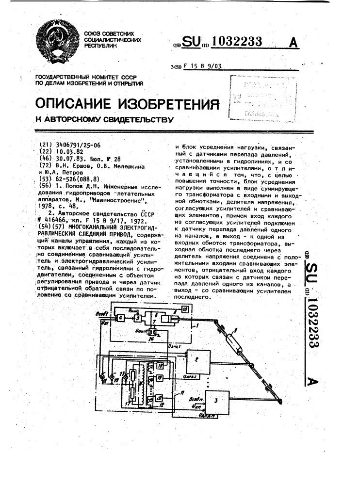 Многоканальный электрогидравлический следящий привод (патент 1032233)