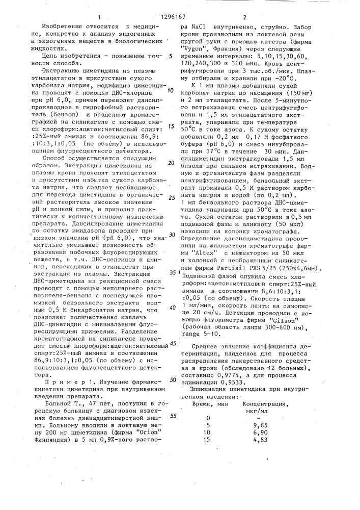 Способ определения циметидина в плазме крови (патент 1296167)