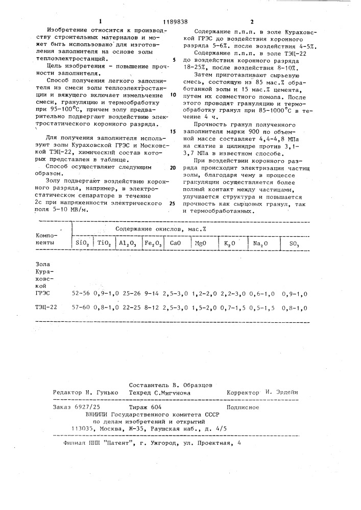 Способ получения легкого заполнителя (патент 1189838)