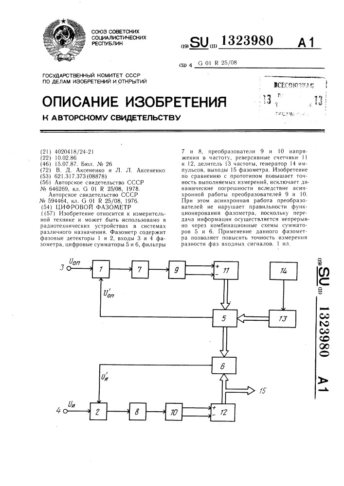 Цифровой фазометр (патент 1323980)