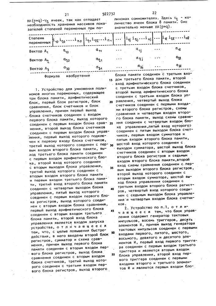 Устройство для умножения полиномов многих переменных (патент 922732)